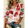 Women's Pink Floral Embroidered Tie Neck Blouse, Casual Loose Tops for Spring Summer Daily Wear & Vacation Occasions