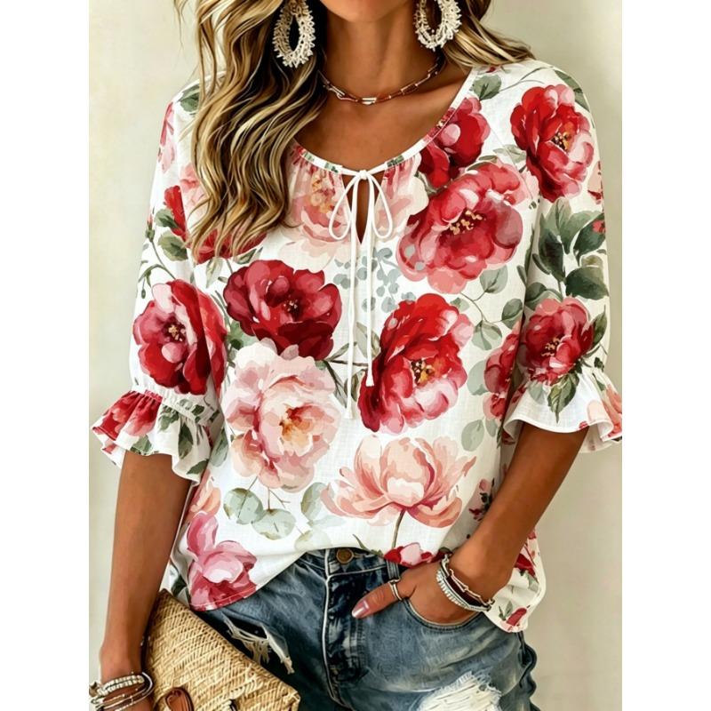 Women's Pink Floral Embroidered Tie Neck Blouse, Casual Loose Tops for Spring Summer Daily Wear & Vacation Occasions