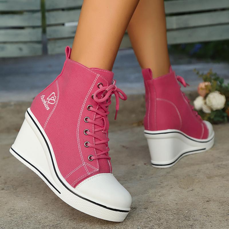 Breathable High Top Canvas Sneakers for Women Fashion Wedge Heel Platform Sports Shoes Woman Lightweight Lace Up Casual Sneakers