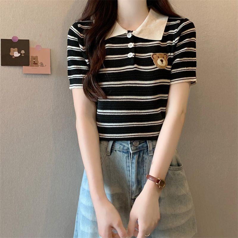 T-shirt Tricoté Rayé Brodé à Manches Courtes avec Ours en Peluche Design Minceur d'Été pour Femme Polo de Niche Haut d'Épaule