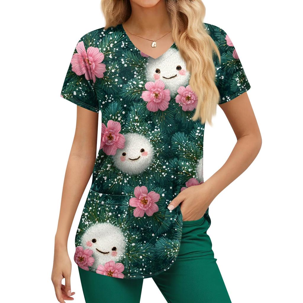 Dámská vánoční pracovní halenka s krátkým rukávem a výstřihem do V