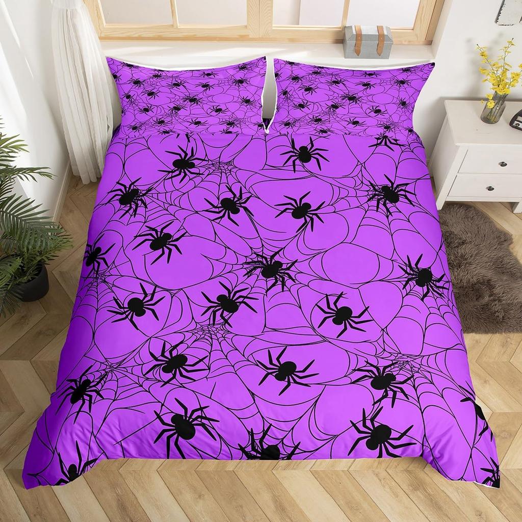 Cartoon Purple Bat Gothic Duvet Cover Halloween Bats Bedding Set Star Quilt Cover Spooky Dark Shadows Silhouette Halloween Decor