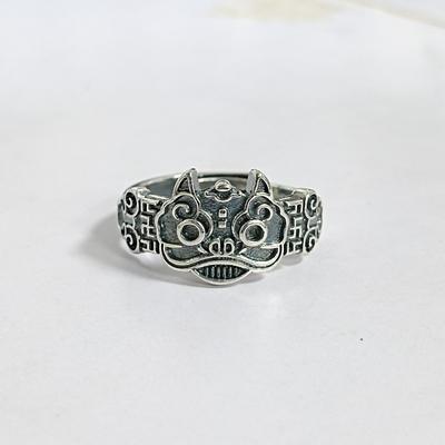 Adjustable Open Ring With Ancient Chinese Taotie Motif Vintage Boho Ethnic Style Copper Statement Jewelry Women Men