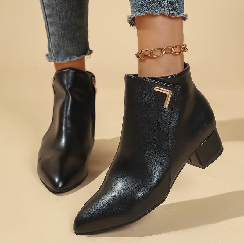 Classic Medium Heel Pu Ankle Boots Women 2025 Winter Metal Decoration Pointed Toe Chelsea Boots Winter Driving Shoes Plus Size