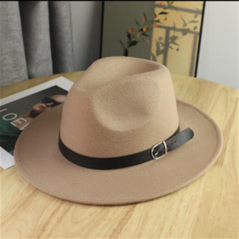 Hat men's autumn and winter new European and American style fashion belt buckle jazz hat women's casual big wide brim retro gentleman's top hat