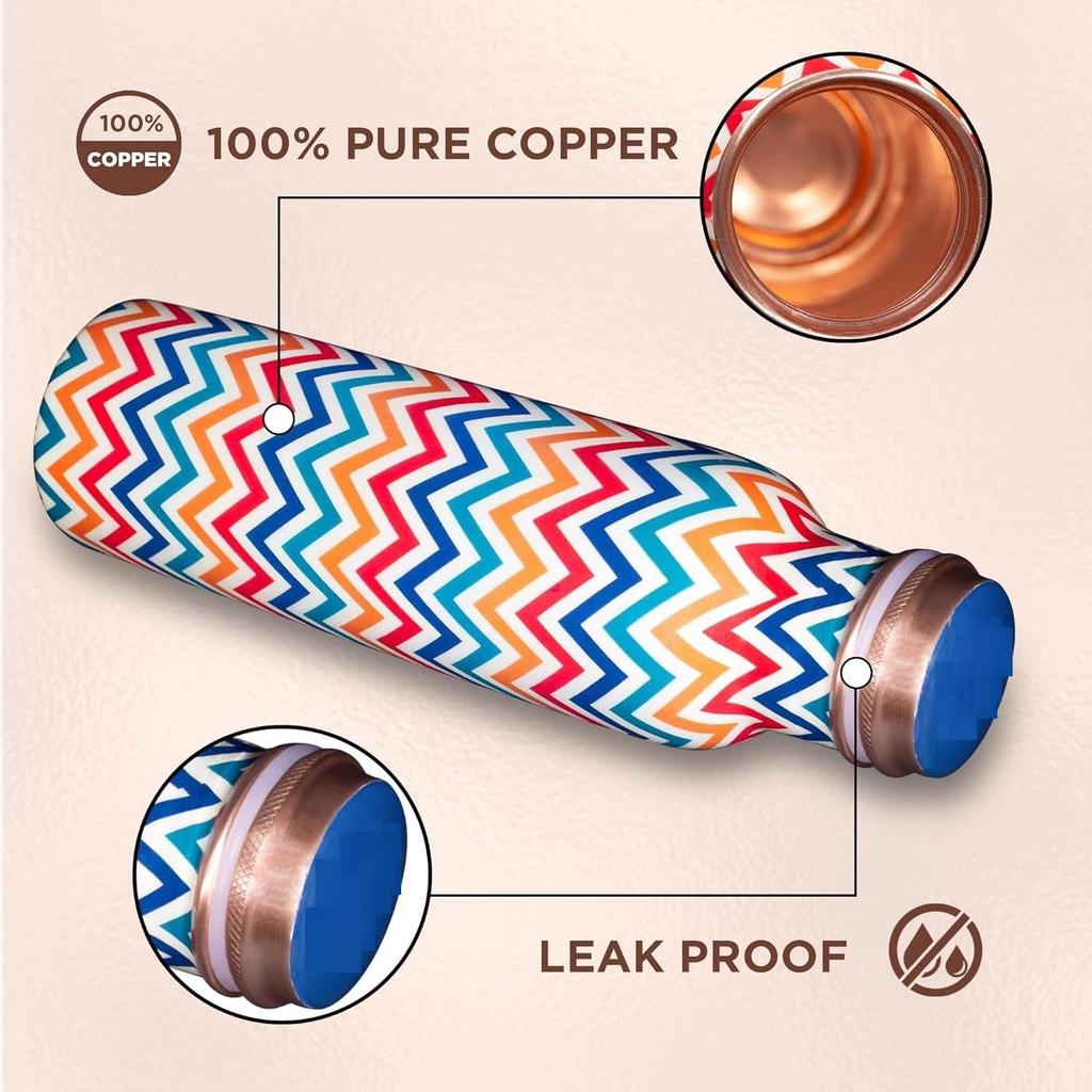 Pure Copper Water Bottle 1 Litre Alkaline and Anti Oxidant 100% Leak Proof, Office, Gym Bottle (Chevron, MultiColor)