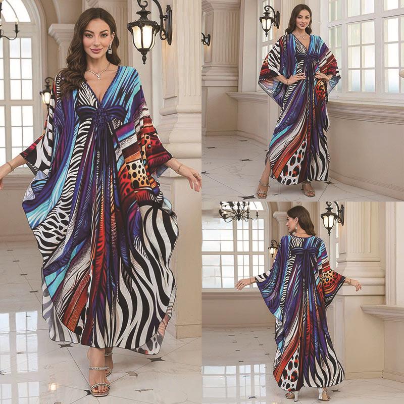 2025 European & American Cotton Printed Beach Dress Women's Long Loose Cover-Up with Sun Protection