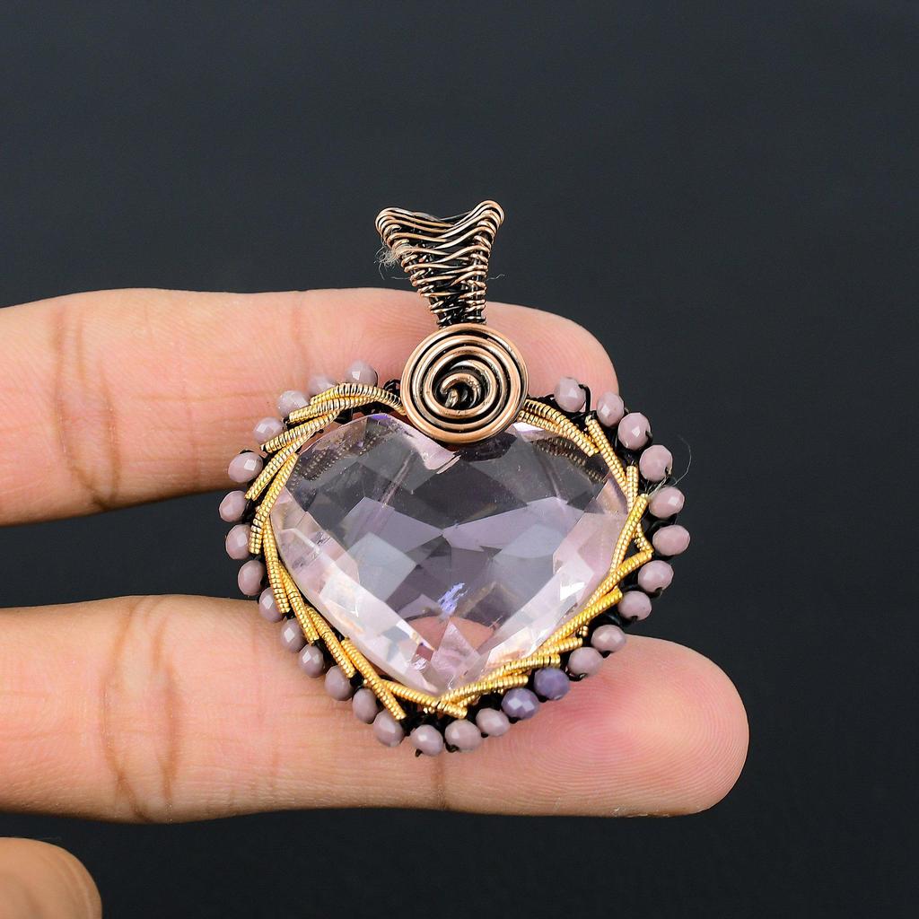 Heart Shape Pink Kunzite Gemstone Handmade Copper Wire Wrap Jewelry Pendant For Love