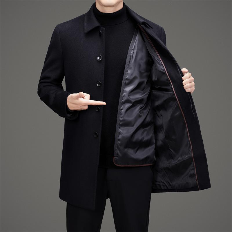 Men's Mid-Length Wool Coat with Detachable Down Liner, Business Lapel Style
