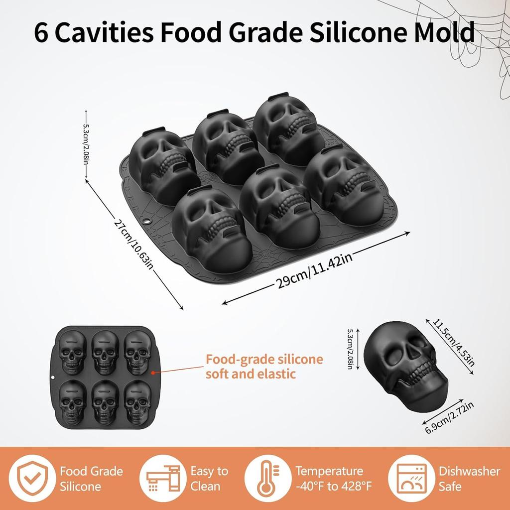 Skull Silicone Molds for Baking, 6 Cavities 3D Skull Baking Pan for Cake Chocolate, Skeleton Mold for Pizza Ice Wax Melt Jelly Resin (Black)