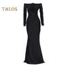 Lady Evening Dress V Neck Off Shoulder Side Slit Floor Length Long Sleeves Pleated Slim Fit Maxi Dress Ball Gown Banquet Party Dress