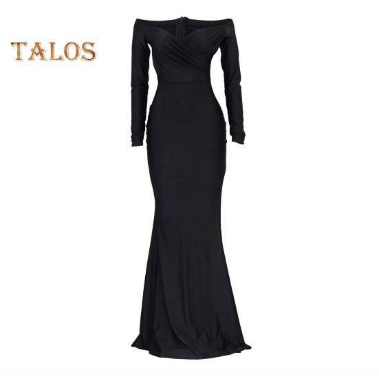 Lady Evening Dress V Neck Off Shoulder Side Slit Floor Length Long Sleeves Pleated Slim Fit Maxi Dress Ball Gown Banquet Party Dress
