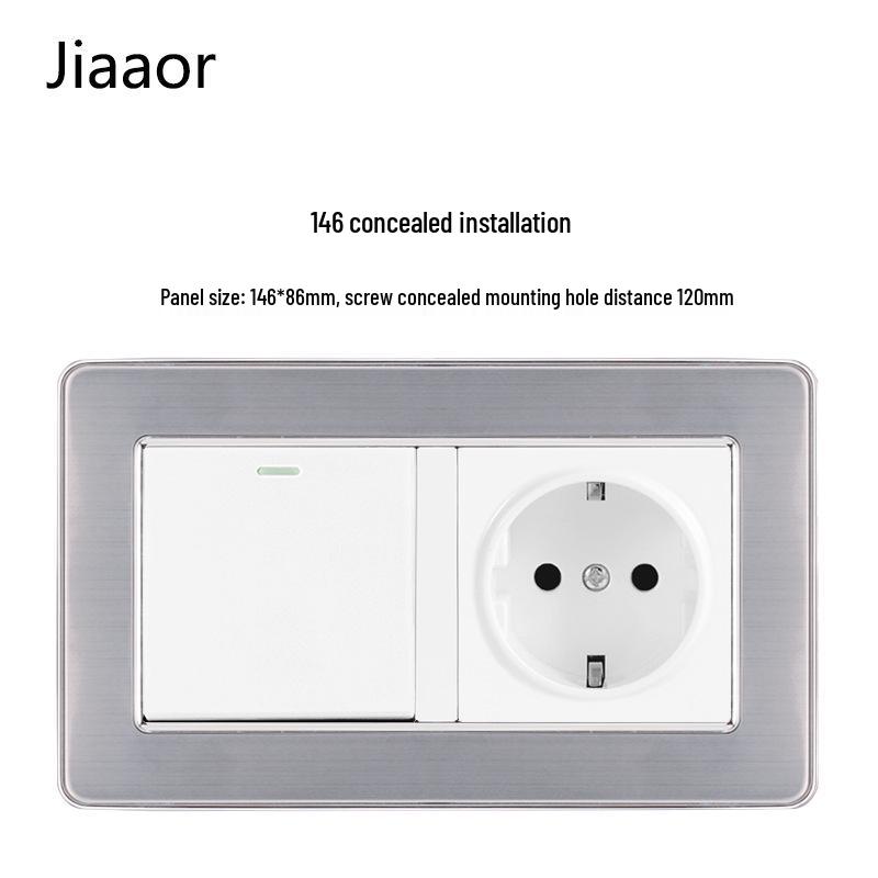Padrão Europeu Tipo 86 Painel de Interruptor e Tomada de Parede Duplo em Aço Inoxidável com USB-C, Estilo Alemão, Montagem de Parede Embutida.
