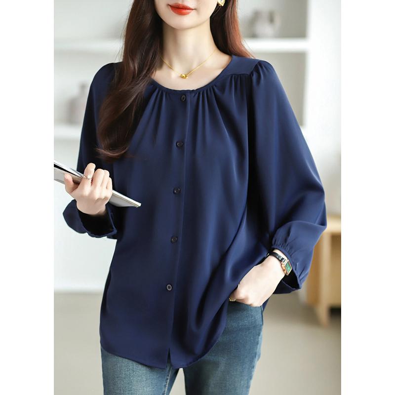 New Fashion Lantern Sleeve Loose Casual Blouse Women Single Breasted Elegant Solid Vintage Shirts Women Tops Round Neck Plus Size Ladies Blouses 26335