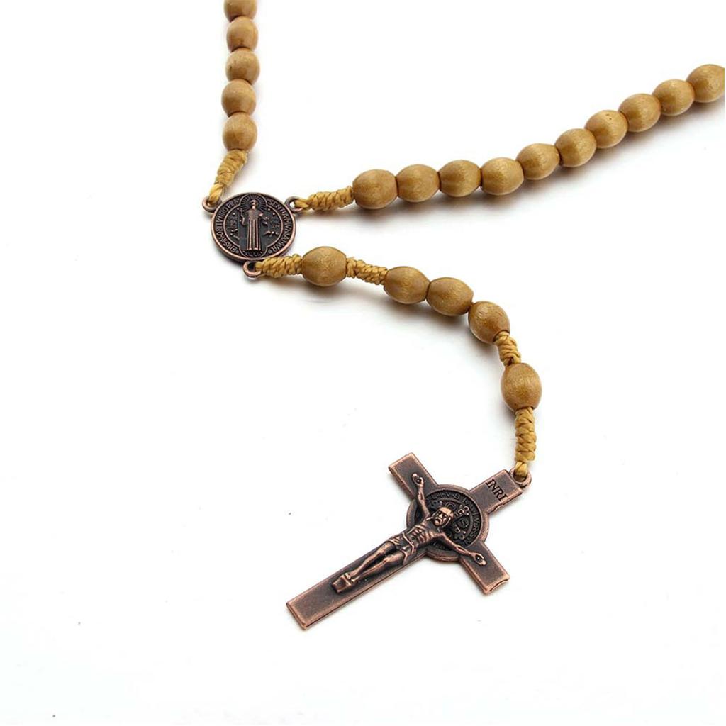 Wooden Beads Rosary Necklaces Christian Religious Cross Pendant Necklaces for Women Men Long Chain Jewelry Gift