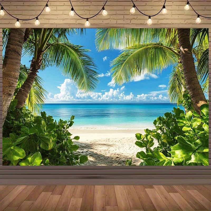 A photography background cloth showcasing the tropical beach scenery is suitable for a summer-themed party banner