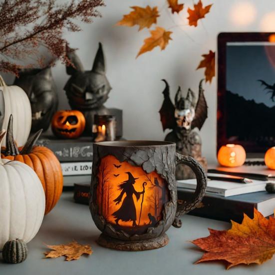 Yousheng Vintage Coffee Mugs Mystical Witch Bark Texture Mug Halloween Campfire Cup Outdoor Adventure Gift for Hikers Nature Lovers