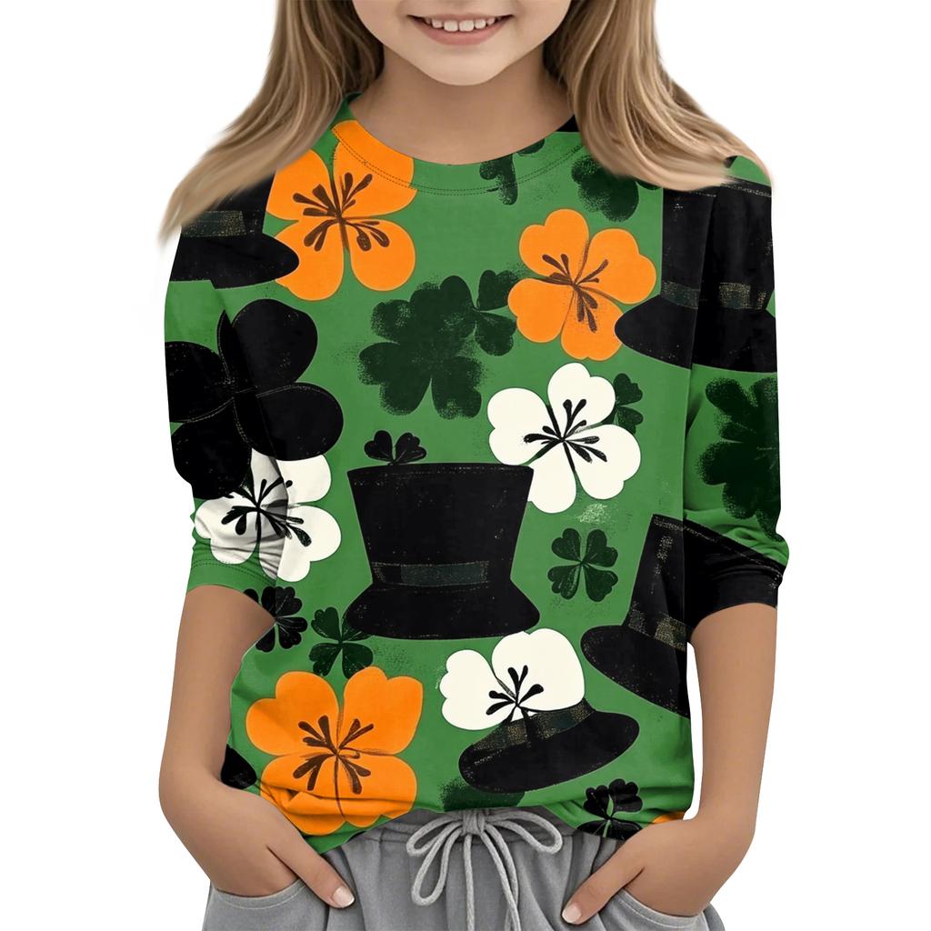 St. Patrick's Day Print Tops For Youth Girls 4-11 Years Round Neck 3/4 Sleeves T-Shirts Trendy Tops Outfit Tees