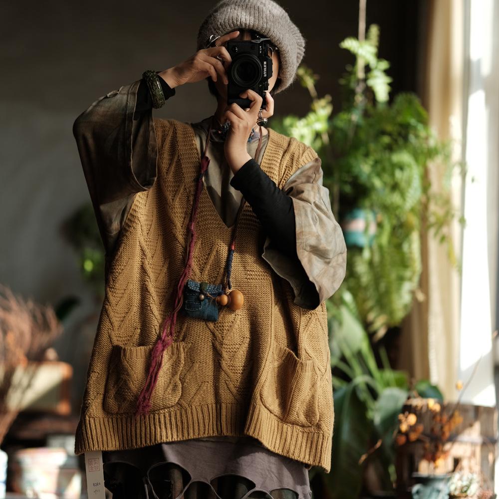 

Johnature Женский винтажный пуловер, весенний вязаный мягкий топ без рукавов с V-образным вырезом One Size