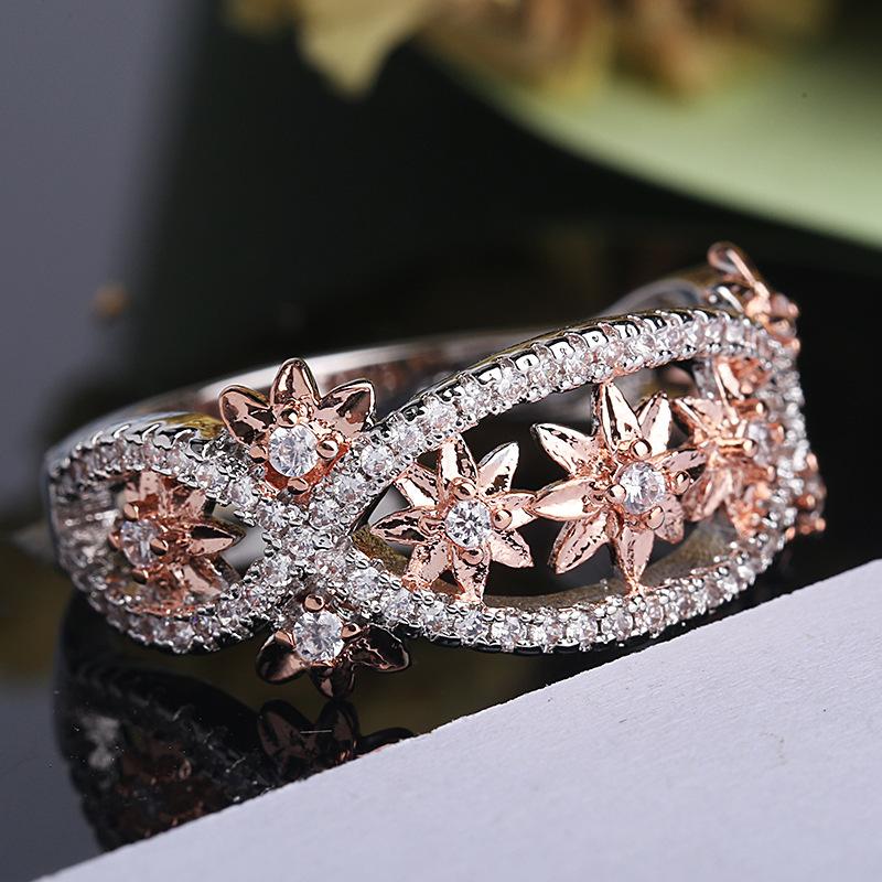 Color Separation Micro-Set Ring For Women, 18K Rose Gold-Plated Flower-Set Diamond Ring