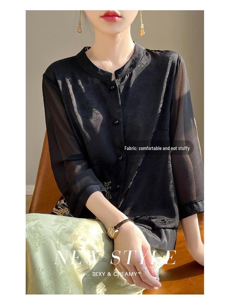 New Chinese Style Seven-Sleeve Xiangyun Yarn Jacket with Embroidered Stand Collar Faux Silk Shirt 