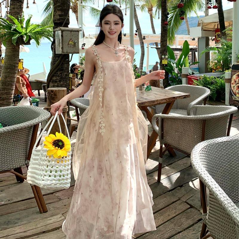 Seaside Vacation Beautiful Mesh Suspender Fake Two-piece Ink Printing Dress Streamer Temperament Loose Big Swing Dress