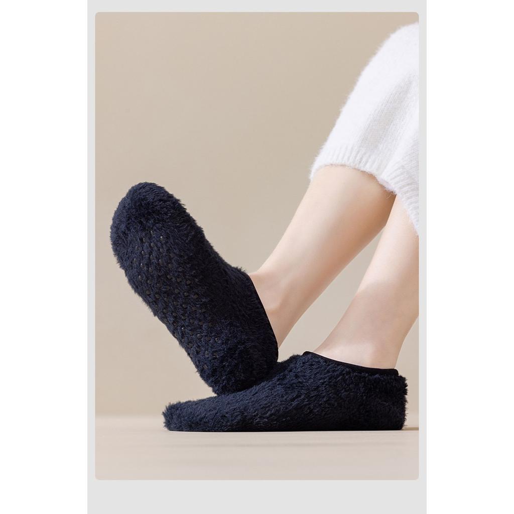 5-1 Pairs Winter Thick Coral Fleece Floor Socks, Men's and Women's Home Anti Slip Socks, Solid Color Boat Socks, Autumn and Winter Sleep Socks