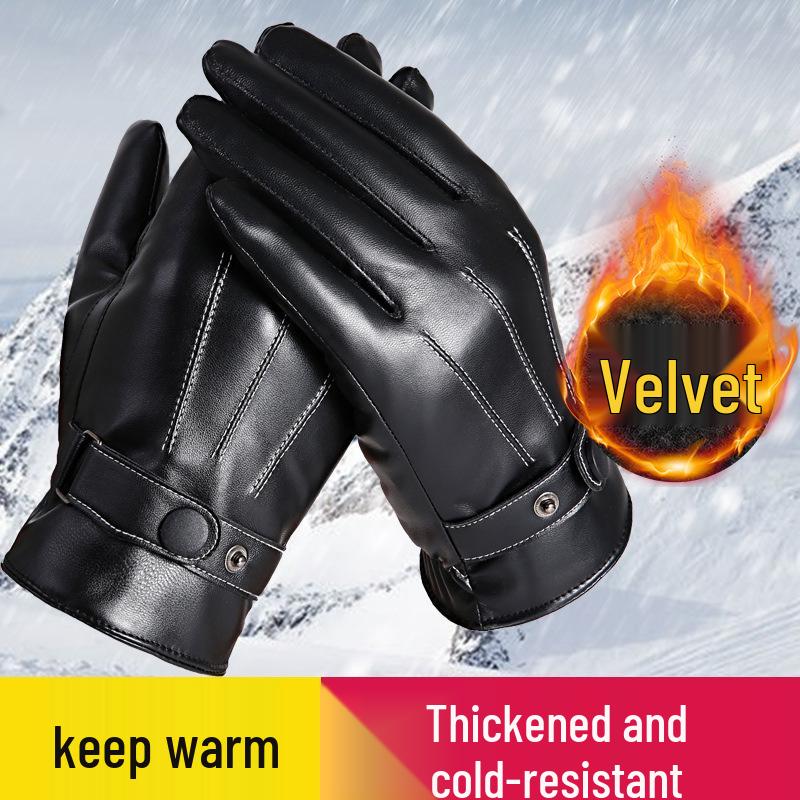 Unisex Winter Leather Gloves: Windproof, Thick, Touchscreen-Compatible with Plus Velvet Lining for Cycling and Motorcycling