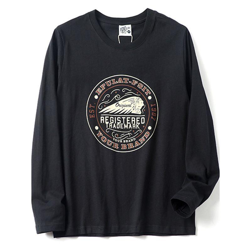 Vintage Print All-Cotton Washed Comfortable Base Shirt for Men, Autumn Round Neck Long-Sleeve T-Shirt, Export Surplus with Tags Removed