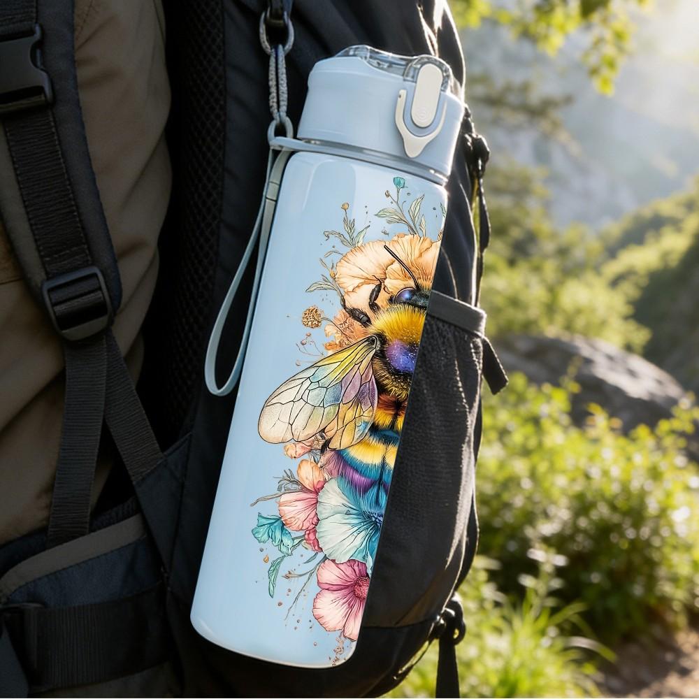 1PC Honey Bee Soft Floral Pastel Art Design 750ml Color Plastic Sports Water Bottle Leakproof Flip Straw Lid Suitable for Sports Office Home Use