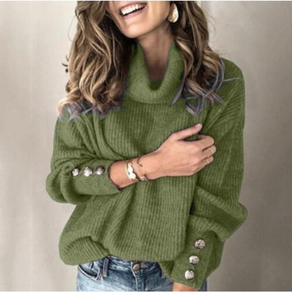 Women's Turtleneck Ribbed Knit Sweater Long Sleeve Button Cuff Loose Casual Solid Color Pullover Top