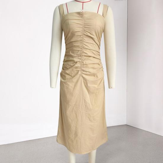 Summer Women Long Dress Solid Color Wide Straps Pleated Midi Dress Breathable Casual Sleeveless Slim Fit Above Ankle Length Dress
