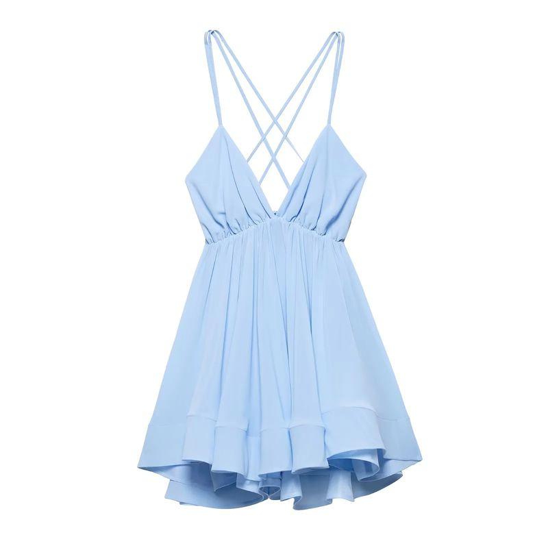 

Za Spring/Summer New Women s Clothing Sexy V-neck Lace up Sleeveless Backless Slimming High Waist A- line Short Strap Dress Blue XS