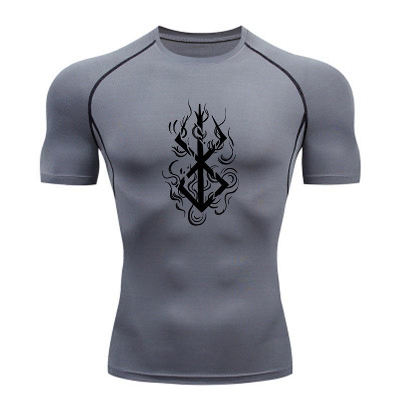 Men's Quick Dry Compression Athletic T-Shirt, Viking Rune Flame Print Breathable Stretch Tee for Gym Workout Running Tra
