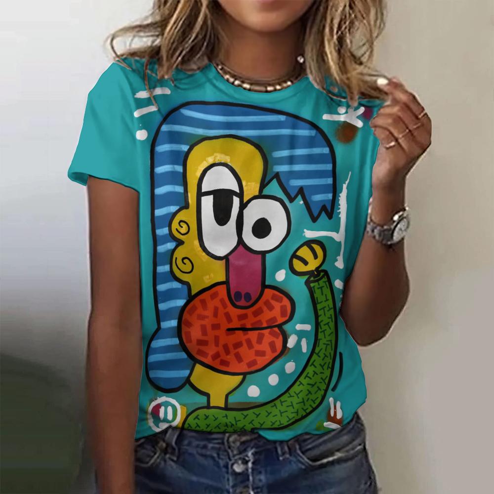 Letní dámské tričko Abstraktní kreslený potisk Tričko Harajuku Vintage Krátký rukáv Kulatý výstřih Top Nadměrné Dámský design Oblečení
