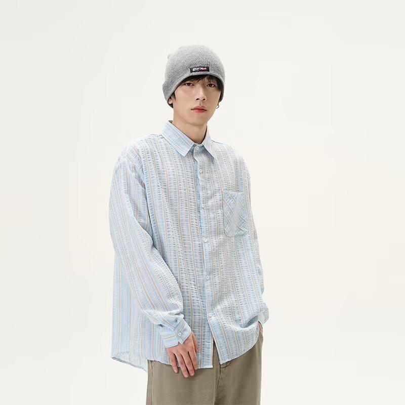 2024 Striped Long Sleeve Shirt Japanese Hong Kong Style Ins Loose Shirt Boys Summer Trendy Versatile Casual Coat