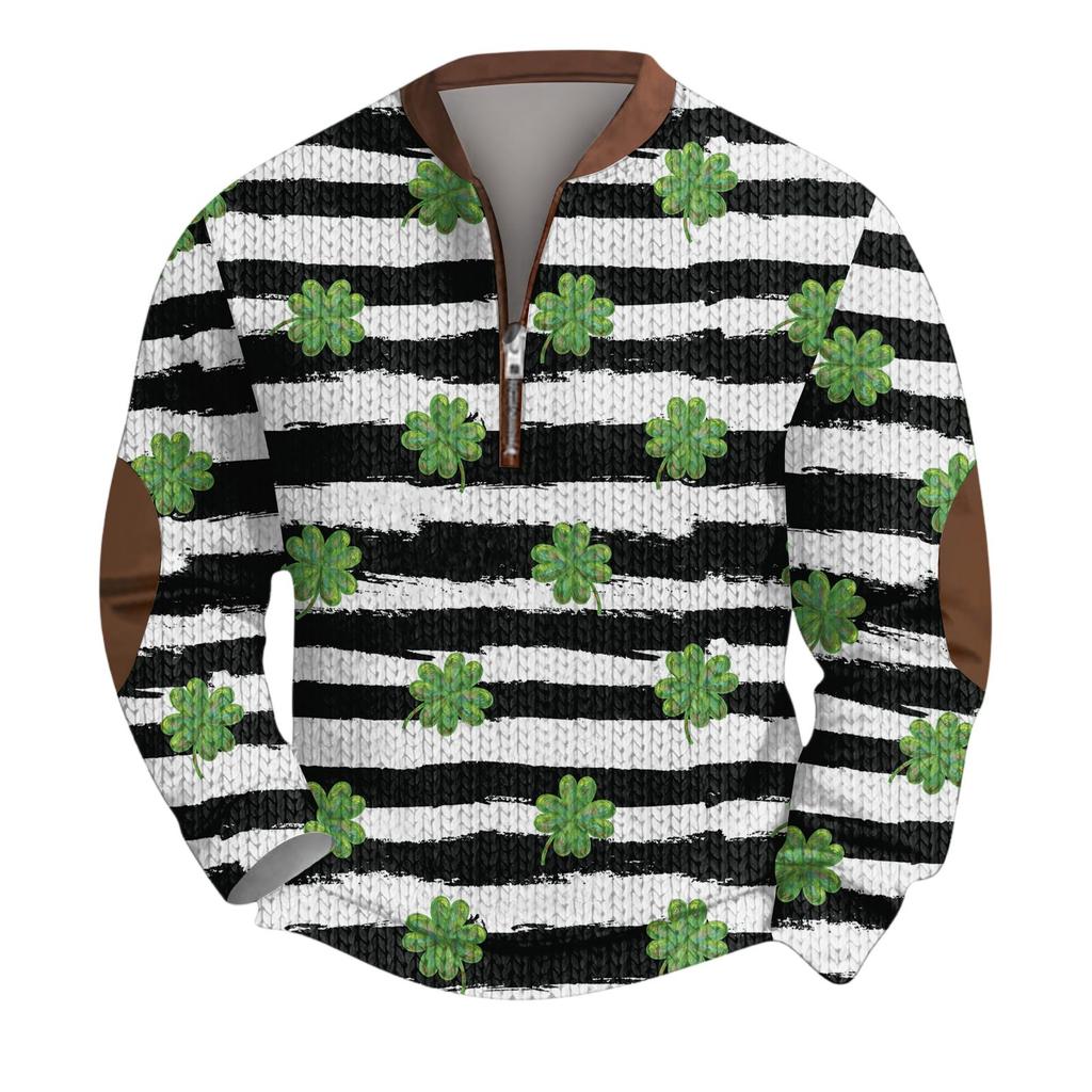 Mens Christmas Sweater Zip Up Sweatshirts Vintage Knit Graphic Sweatshirt St. Patrick's Day Stand Collar Pullover