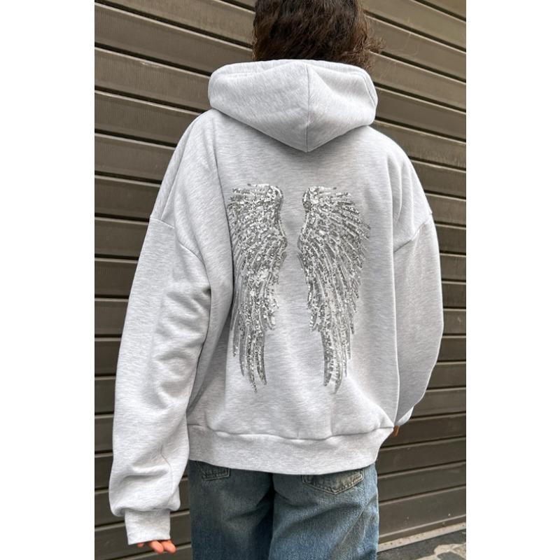 Women's Hoodies Autumn and Winter Solid Color Wing Beads Embroidered Casual Loose Women's Sweatshirts New Fashion Streetwear Office Lady Hooded Tops