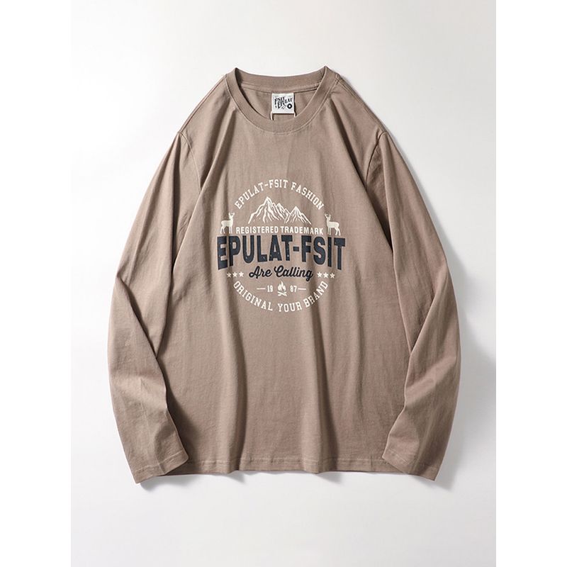 Trendy Retro Print Cotton Brushed Long Sleeve T-shirt