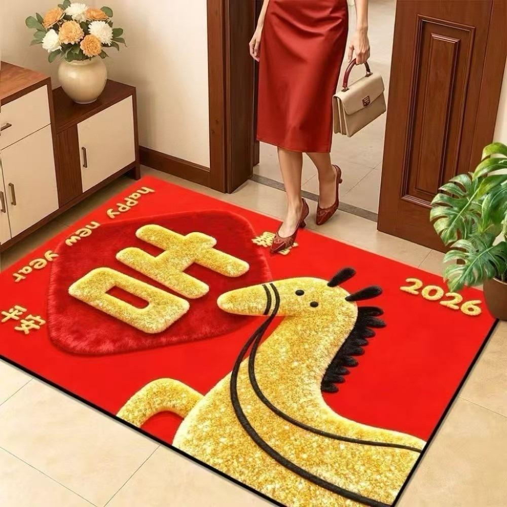 

Cartoon Horse Floor Mat Quick Dry Blessing Words 2026 New Year Anti Slip Mat Convenient Soft Pony Door Mat Door Entrance