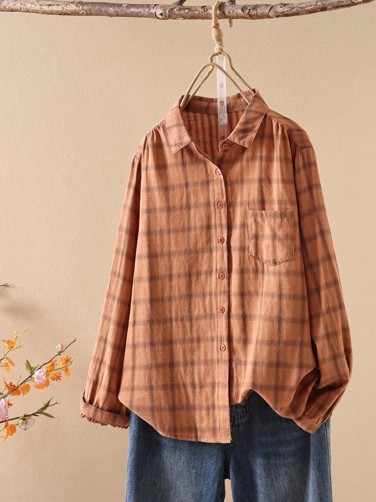 Women's Long Sleeve Japanese Style Plaid Shirt - Double-layer, Skin-friendly, Breathable Pure Cotton