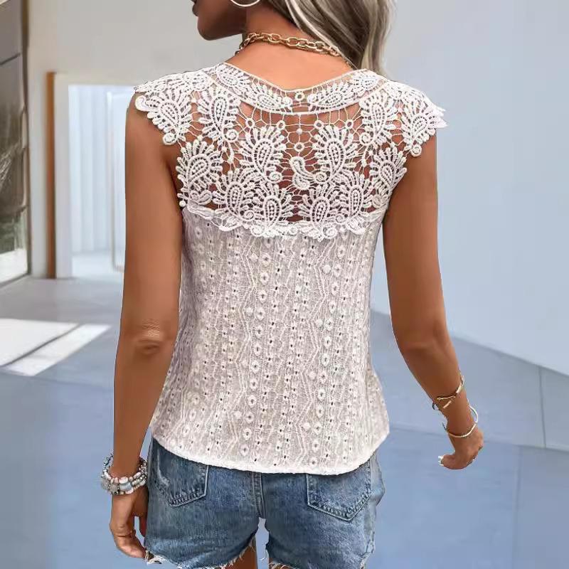 Letní duté háčkování Sexy krajková halenka Ženy Jednobarevné Patchwork Vintage Košile bez rukávů s výstřihem do V Ženy Ležérní Elegantní Módní Dámské Topy 527