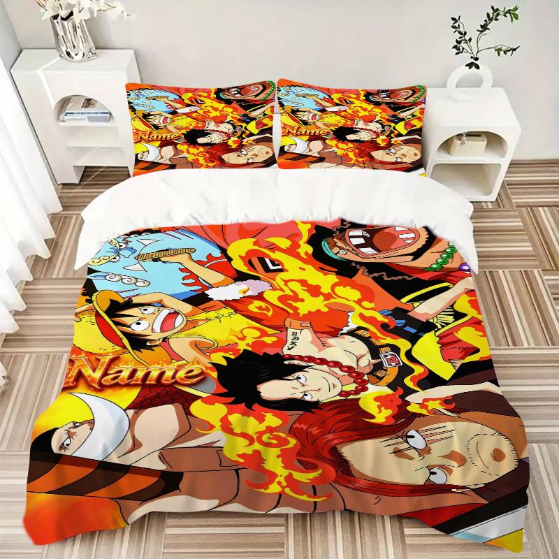 Custom Name One Piece Flame Warriors Print 3Pcs Bedding Set,Duvet Cover with 2 Bedro,Pillowcase Home Birthday Gift