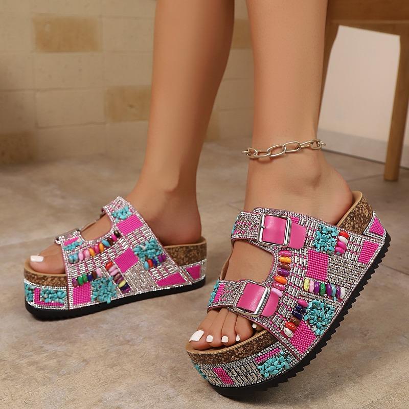 Cork Sandals 2025 Summer New Plus-size Rhinestone Belt Buckle for Women Wearing Platform Slippers