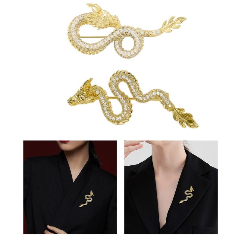 Chinese Zodiacs Shape Brooch Sparkling Dragons Zircon Lapel Pins for Women Animal Themed Breastpins Stylish Accessory