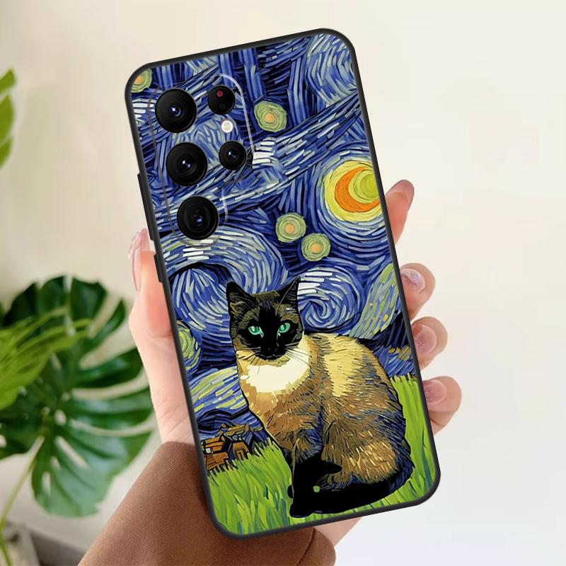 Cat Van Gogh's The Starry Night Soft Case For Samsung Galaxy S25 S21 S22 S23 S24 Ultra S9 S10 Plus S20 FE S24 FE Phone Cover
