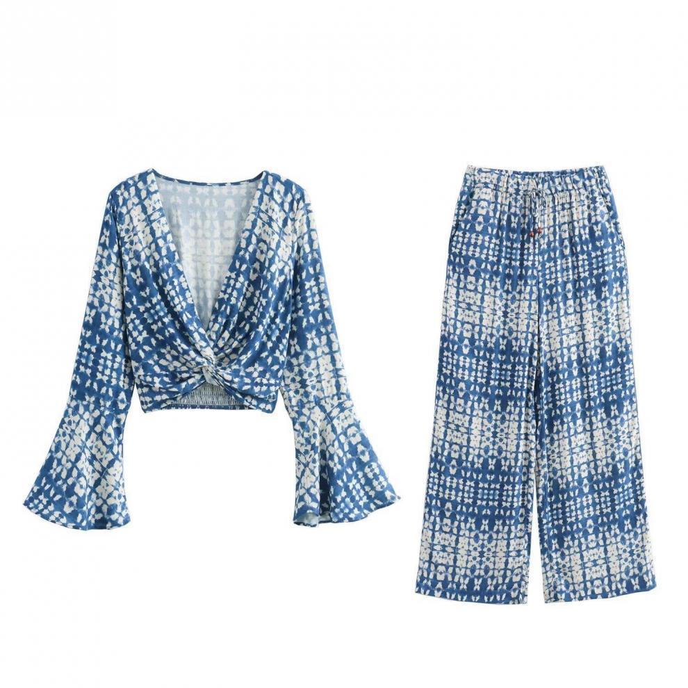 

Summer Retro European & American Women s Knot Print Shirt & Wide-Leg Pants Set S