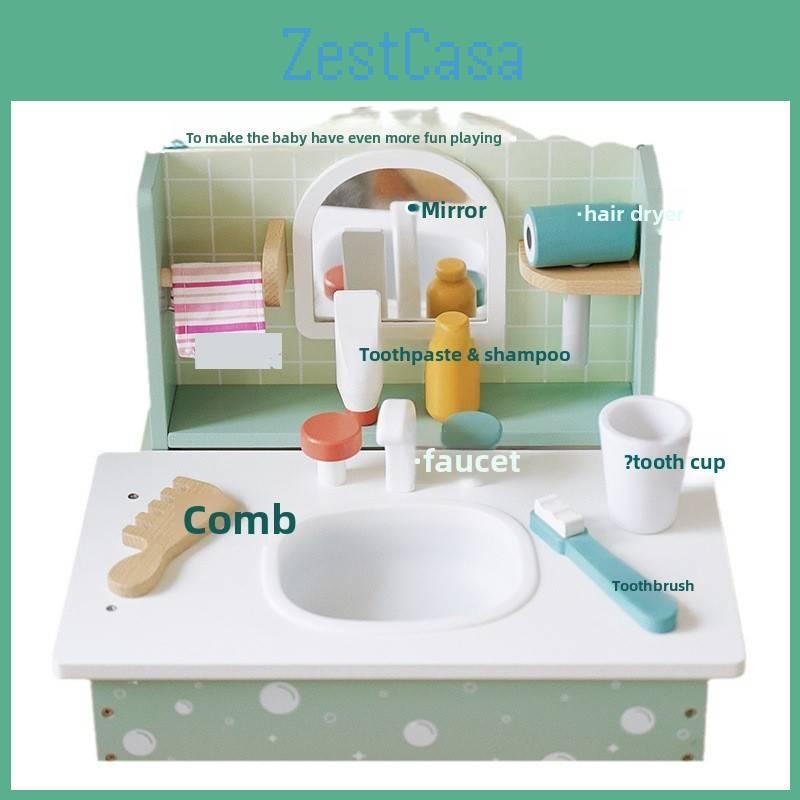 Wooden Kids Dressing Table Toy With Simulated Shampoo And Mirror Gift For