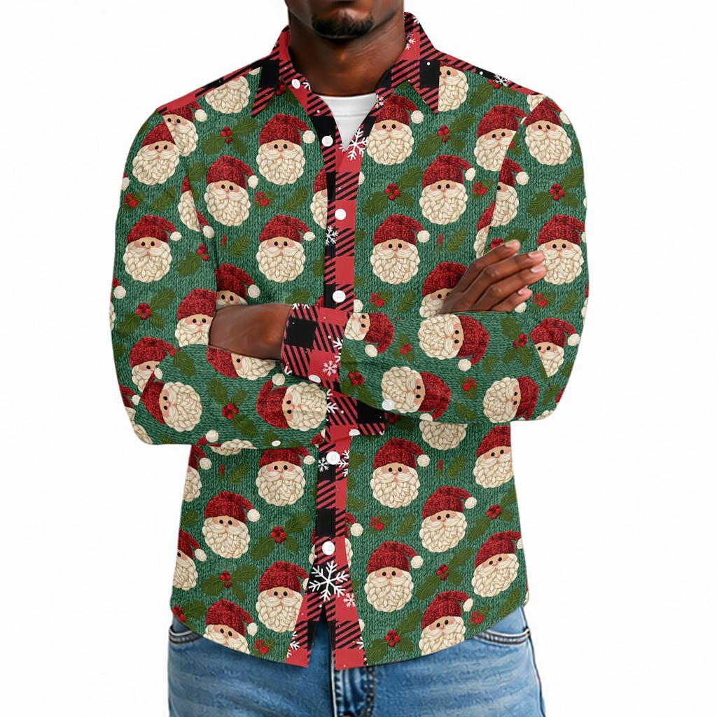 Men's Casual Long Sleeve Shirt with Christmas Print for Holiday Party and Fall
