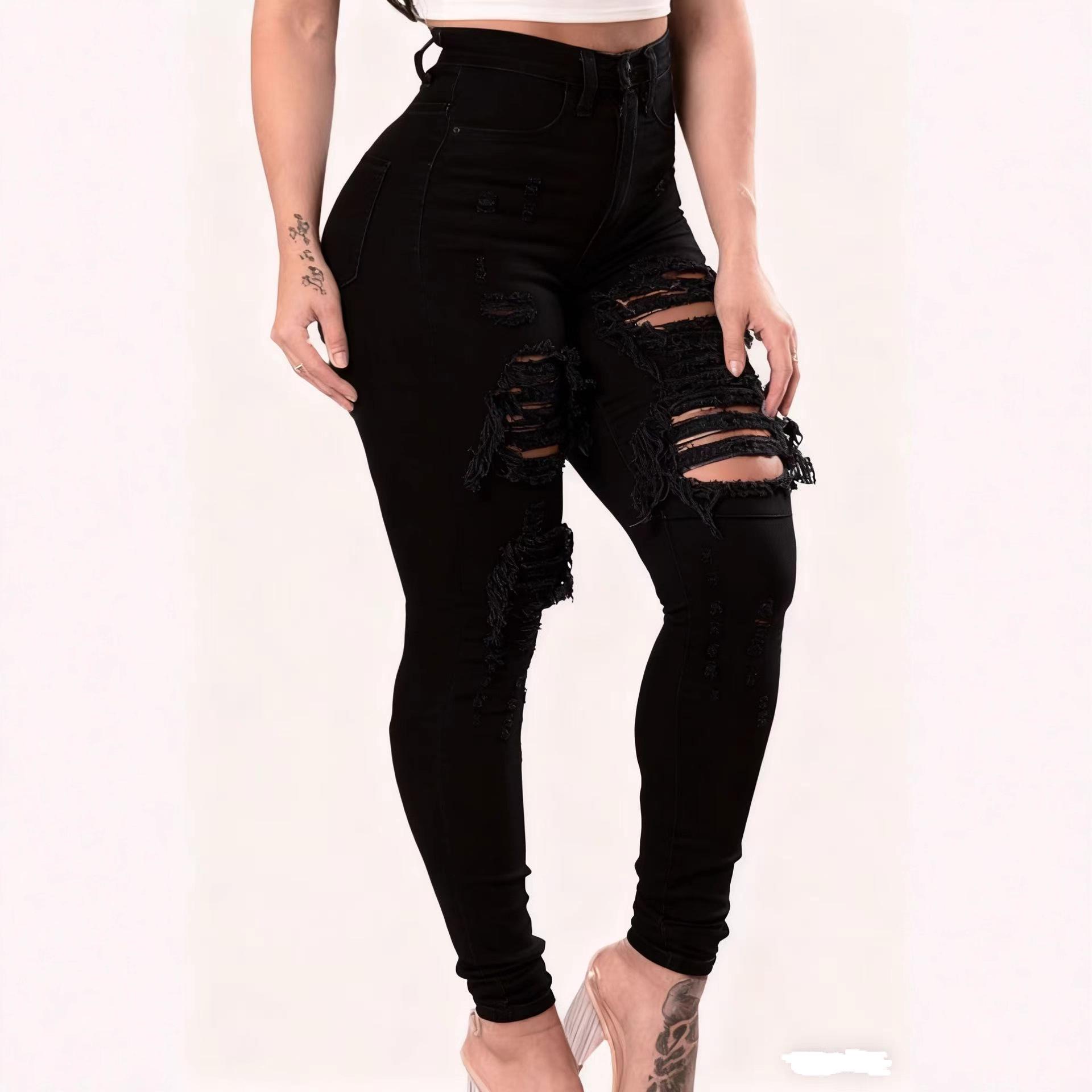 

Women s Cross-Border Ripped Skinny Jeans - Europe & America M чорний